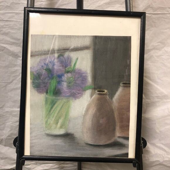 Chalk Still Life of a table with Vase and Flowers by Ann Baker